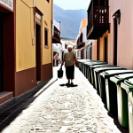 **Prompt:** A poignant and melancholic scene in the Canary Islands illustrating the adverse effects of unchecked tourism. Depict a once-charming, traditional Canarian street now dominated by large, generic hotels or crowded, mass-market tourist shops, overshadowing the local architecture. In the foreground, an elderly local person looks on with a sense of displacement or sadness, feeling like a stranger amidst impersonal throngs of tourists. Elements like overflowing waste bins or visibly strained natural resources (e.g., parched land near a resort) can subtly hint at environmental and resource pressures. The image should convey a feeling of cultural erosion, lost authenticity, and the high cost of living for locals.