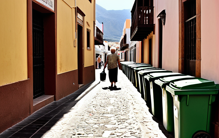 **Prompt:** A poignant and melancholic scene in the Canary Islands illustrating the adverse effects of unchecked tourism. Depict a once-charming, traditional Canarian street now dominated by large, generic hotels or crowded, mass-market tourist shops, overshadowing the local architecture. In the foreground, an elderly local person looks on with a sense of displacement or sadness, feeling like a stranger amidst impersonal throngs of tourists. Elements like overflowing waste bins or visibly strained natural resources (e.g., parched land near a resort) can subtly hint at environmental and resource pressures. The image should convey a feeling of cultural erosion, lost authenticity, and the high cost of living for locals.