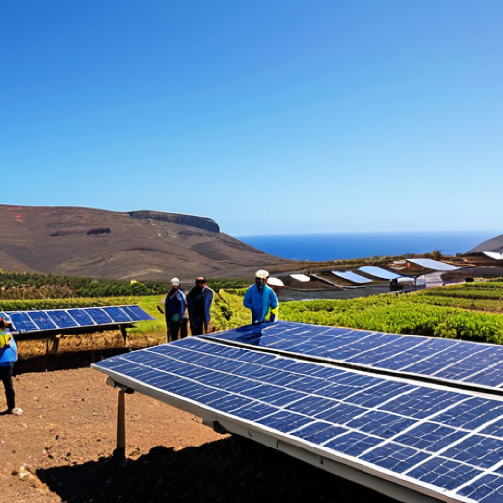Solar Power in the Canary Islands**

"A wide view of the Canary Islands landscape featuring solar panels on rooftops and in open fields, fully clothed people inspecting the solar panels, clear blue sky, sunny day, demonstrating renewable energy use, safe for work, appropriate content, professional photography, perfect anatomy, correct proportions, natural pose, modest attire."

**