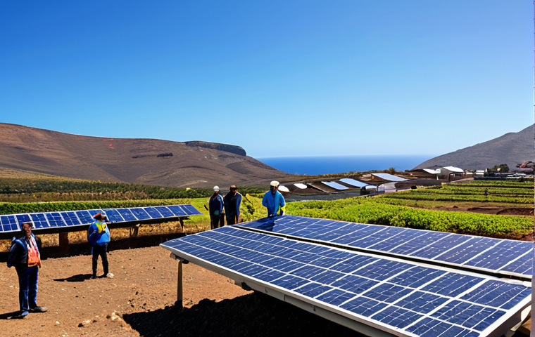 Solar Power in the Canary Islands**

"A wide view of the Canary Islands landscape featuring solar panels on rooftops and in open fields, fully clothed people inspecting the solar panels, clear blue sky, sunny day, demonstrating renewable energy use, safe for work, appropriate content, professional photography, perfect anatomy, correct proportions, natural pose, modest attire."

**