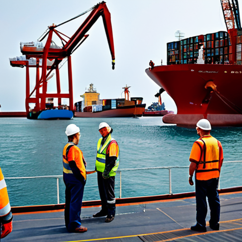 **

"A group of maritime professionals in appropriate work attire conducting a safety inspection on a cargo ship's deck, fully clothed, with clear safety protocols in place. The scene is set in a busy port with cranes and containers visible in the background. Perfect anatomy, correct proportions, safe for work, appropriate content, professional, family-friendly."

**