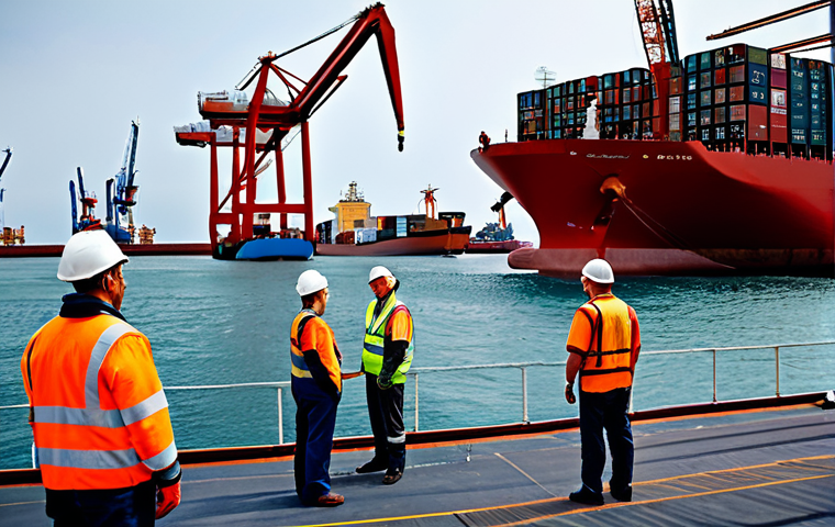 **

"A group of maritime professionals in appropriate work attire conducting a safety inspection on a cargo ship's deck, fully clothed, with clear safety protocols in place. The scene is set in a busy port with cranes and containers visible in the background. Perfect anatomy, correct proportions, safe for work, appropriate content, professional, family-friendly."

**