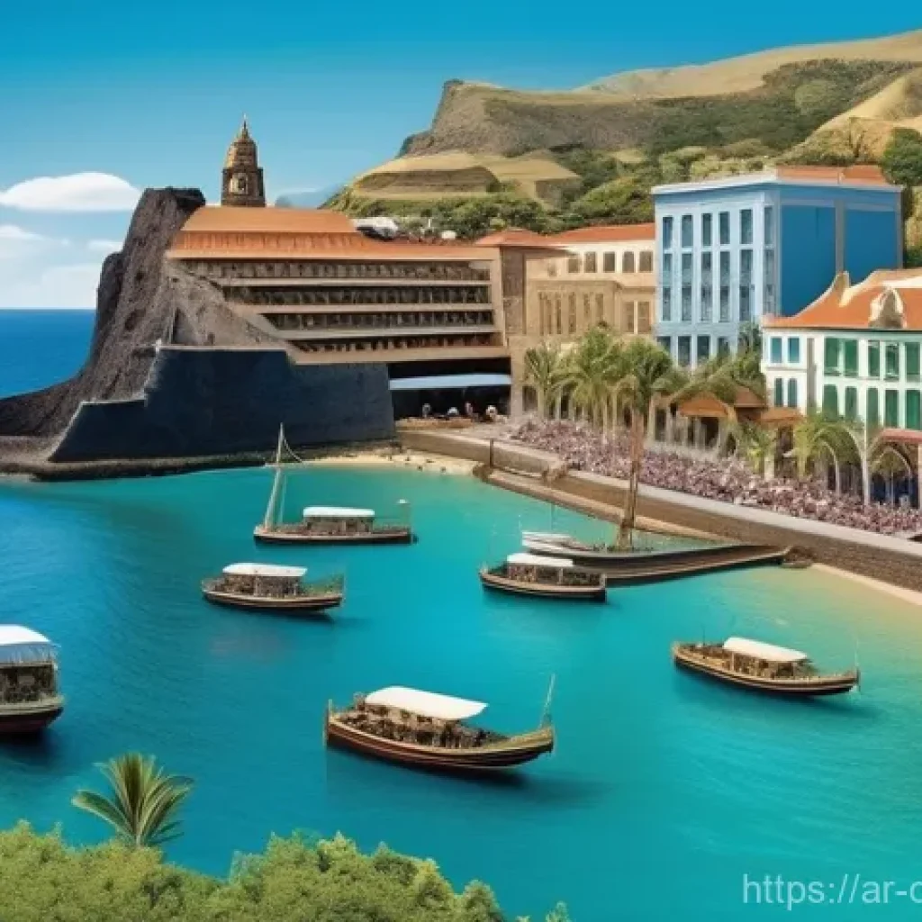 카나리아제도 경제 성장사 - **Historical Port Meets Modern Paradise**:
    "A panoramic, vibrant depiction of a bustling Canary ...