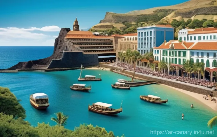 카나리아제도 경제 성장사 - **Historical Port Meets Modern Paradise**:
    "A panoramic, vibrant depiction of a bustling Canary ...