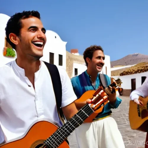 카나리아제도 전통 음악 - **Prompt 1: Canarian Folk Ensemble in a Village Square**
    A vibrant, sun-drenched scene of a trad...