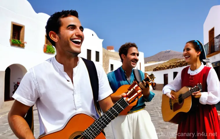 카나리아제도 전통 음악 - **Prompt 1: Canarian Folk Ensemble in a Village Square**
    A vibrant, sun-drenched scene of a trad...