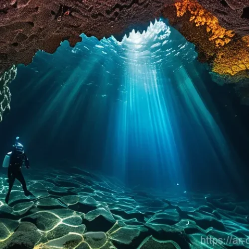 카나리아제도 다이빙 명소 - **Underwater Volcanic Cathedral with Golden Light**
    "An awe-inspiring underwater scene in the Ca...