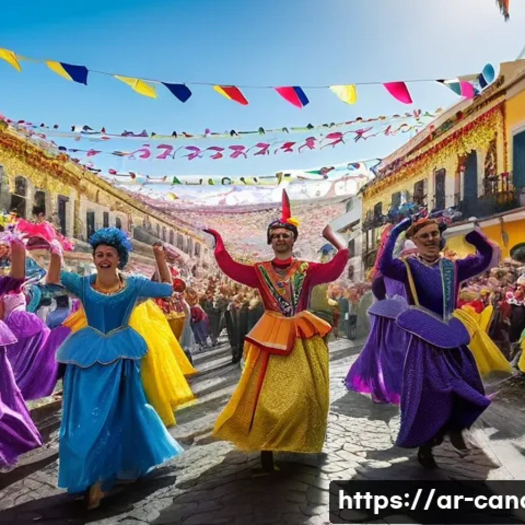 카나리아제도 지역별 문화 차이 - **Prompt:** A vibrant and joyful scene capturing the essence of the Santa Cruz de Tenerife Carnival....