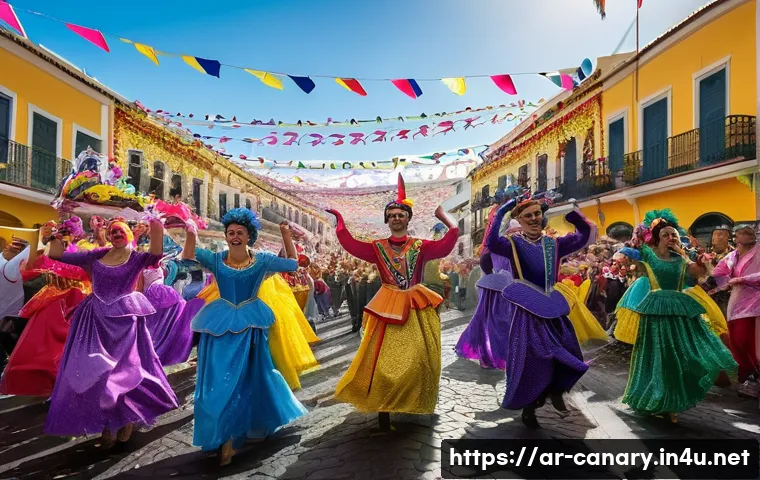 카나리아제도 지역별 문화 차이 - **Prompt:** A vibrant and joyful scene capturing the essence of the Santa Cruz de Tenerife Carnival....