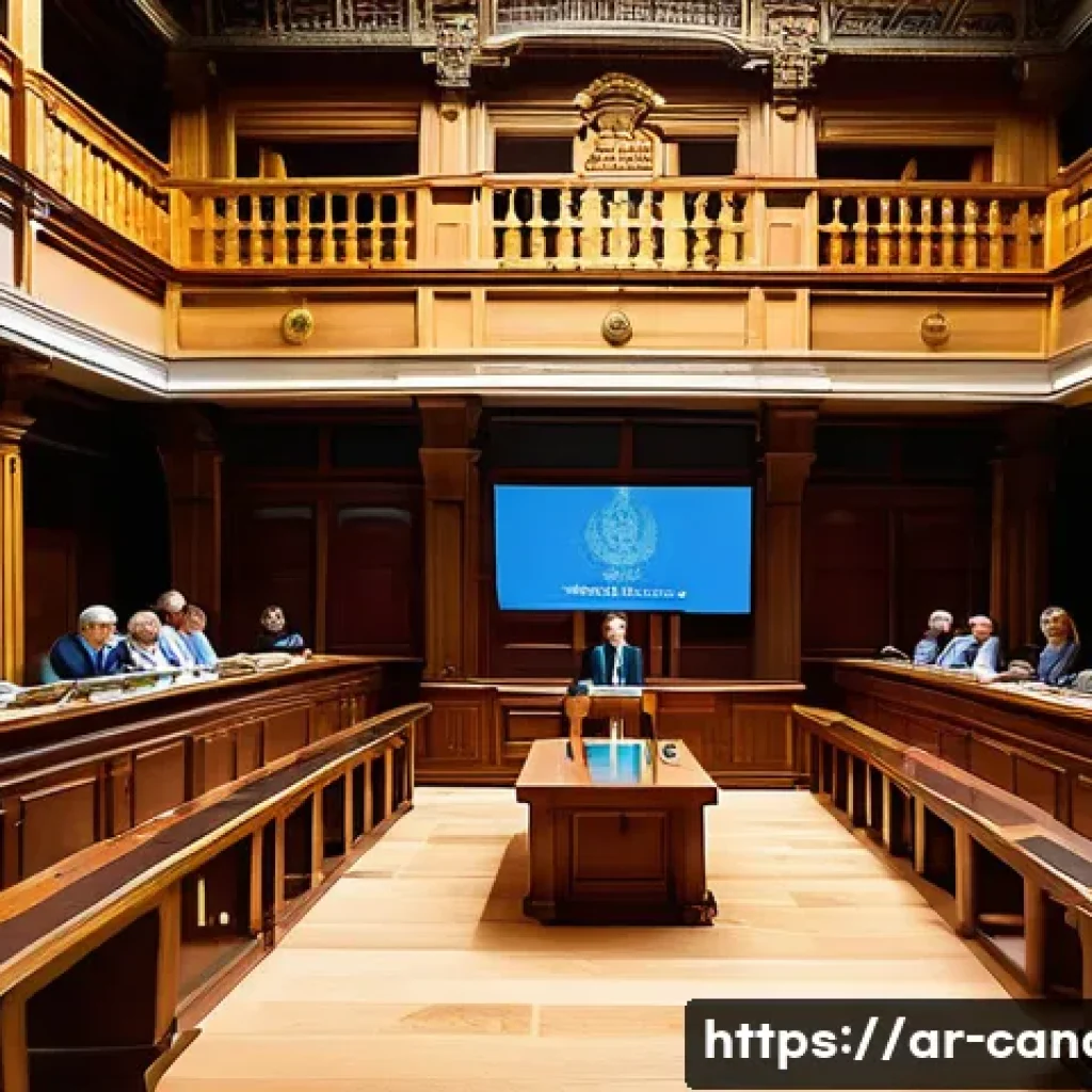 카나리아제도 현대 정치 구조 - A detailed political meeting scene inside the Canary Islands local parliament chamber, showcasing di...