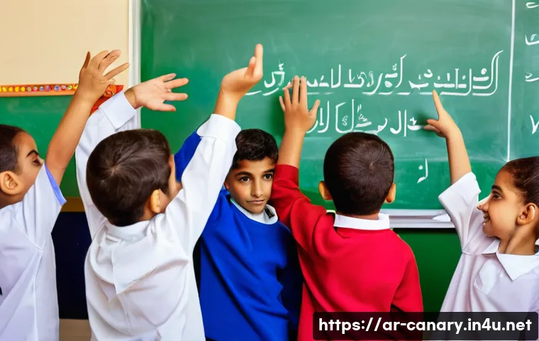 카나리아제도 교육 시스템 - A vibrant classroom scene in the Canary Islands featuring young Arab children wearing traditional cl...