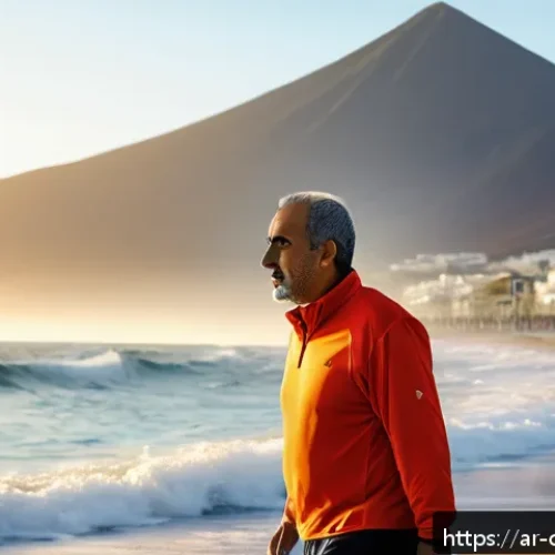 카나리아제도 건강 관리 팁 - A serene early morning scene on a Canary Islands beach featuring a middle-aged Arabic man walking br...