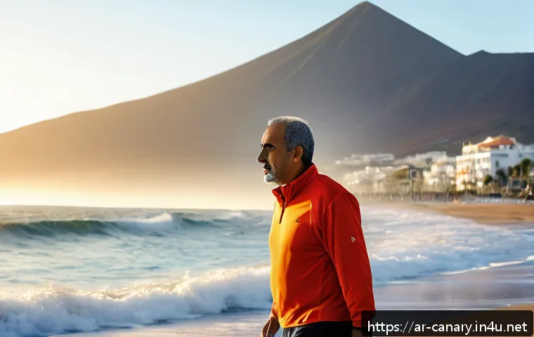카나리아제도 건강 관리 팁 - A serene early morning scene on a Canary Islands beach featuring a middle-aged Arabic man walking br...