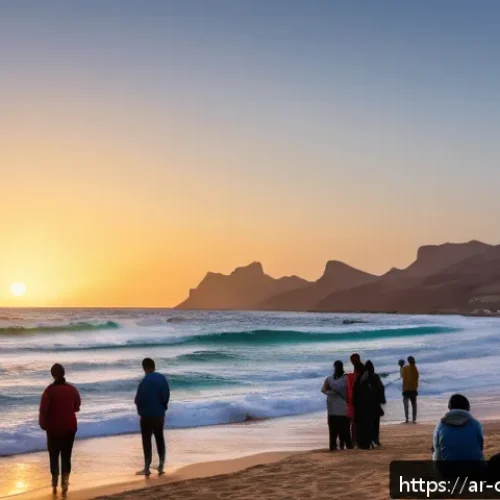 카나리아제도 금지된 행동 - A serene beach scene in the Canary Islands at sunset, showing respectful tourists calmly enjoying th...