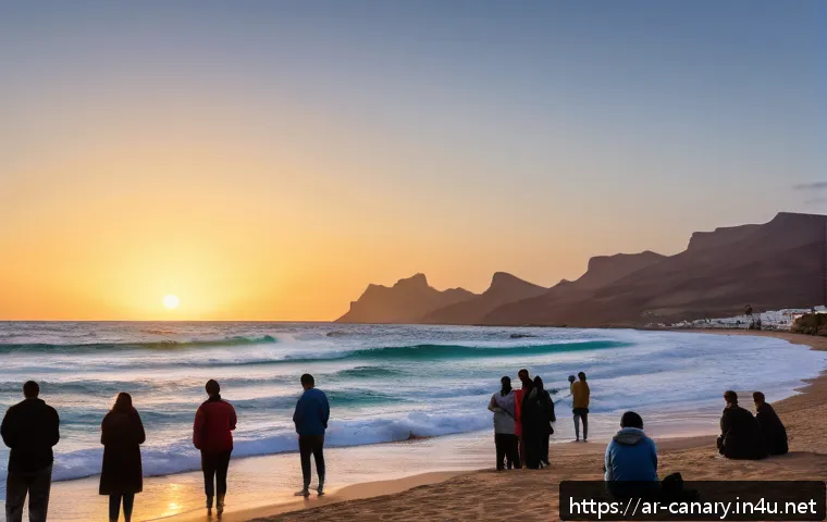 카나리아제도 금지된 행동 - A serene beach scene in the Canary Islands at sunset, showing respectful tourists calmly enjoying th...