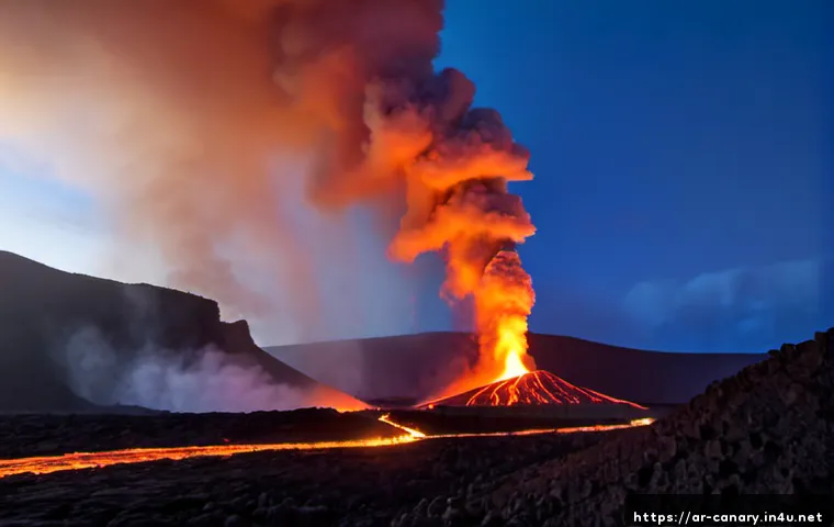 Home 17 카나리아제도 자연재해 발생 사례 - Photorealistic volcanic eruption on La Palma in the Canary Islands, glowing lava stream moving throu...